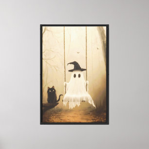Toile Forêt Éffrayante vintage - Fantôme et chat noir