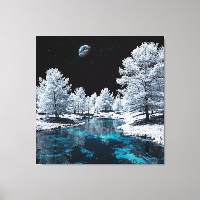 Toile Forêt enneigée et lac tranquille sous le ciel (Recto)