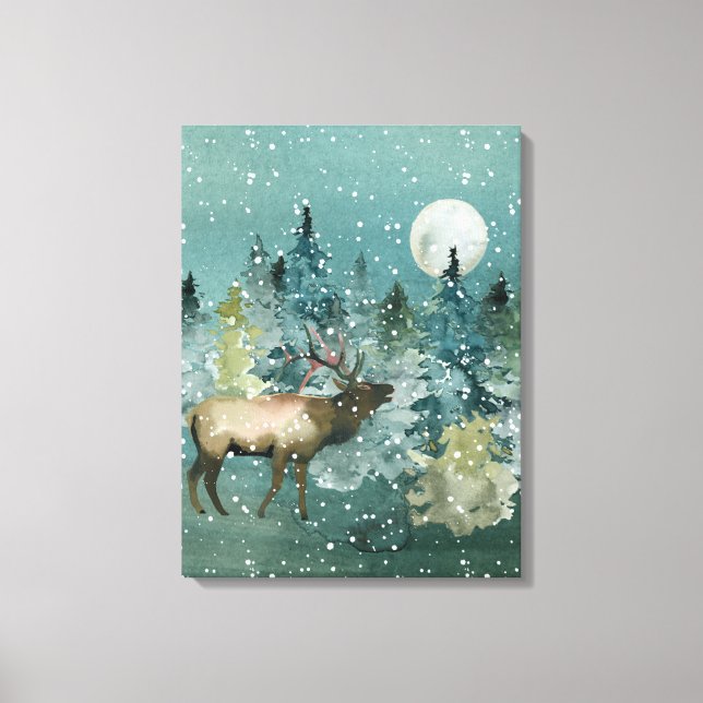 Toile Forêt majestueuse d'élans sous la pleine lune enne (Recto)