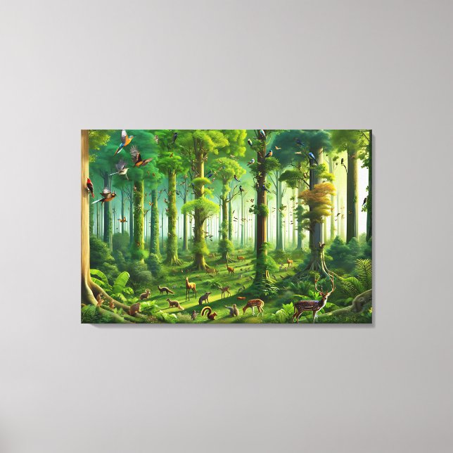 Toile Forêt verte luxuriante avec de mignons oiseaux et  (Recto)