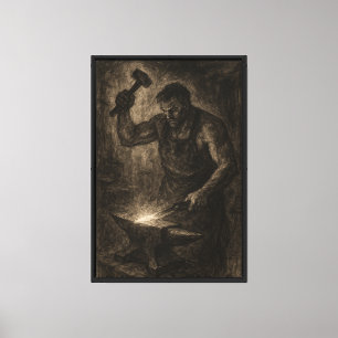 Toile Forgeron de charbon de bois au travail