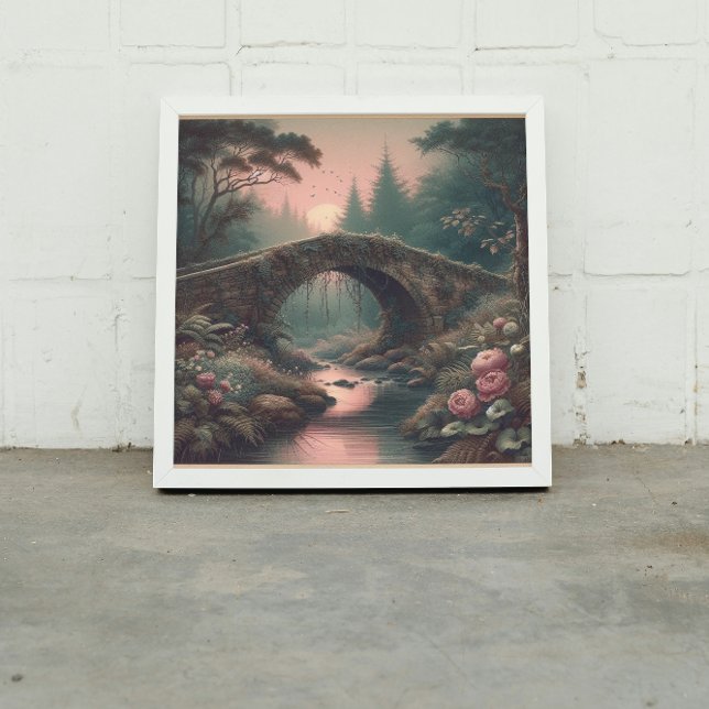 Toile Forgotten Ivy Bridge in Twilight Misty Forest (Twilight glow meets vintage mystery in this misty forest bridge scene 🌕

)