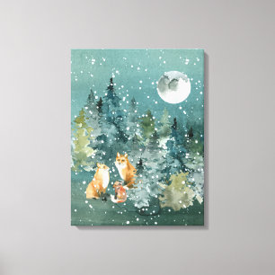 Toile Fox Family Forest Pleine lune Snowfall