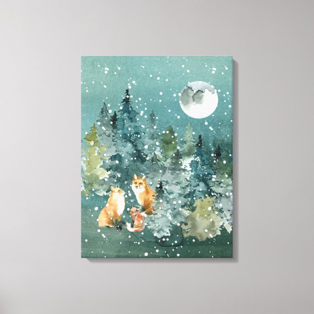 Toile Fox Family Forest Pleine lune Snowfall (Recto)