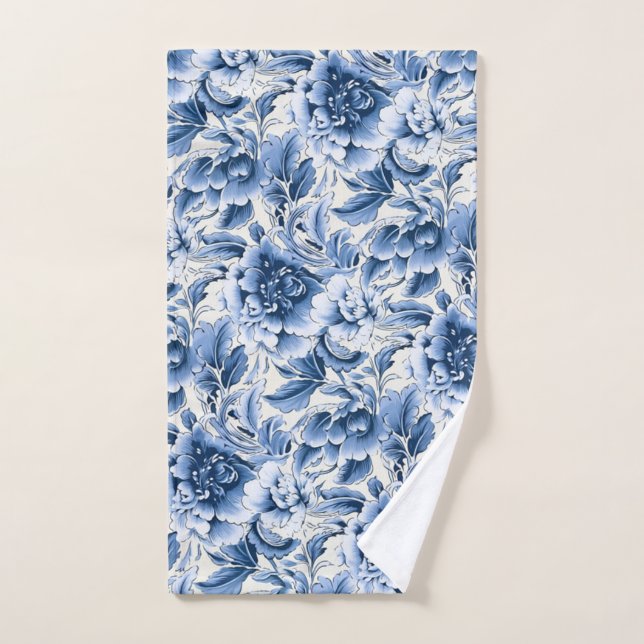 Toile française & toile de Jouy. Bleu. (Serviette à main)