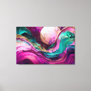 Toile Fuchsia, violet, marbre Turquoise & or Art Abstrai