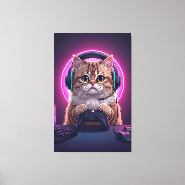 Toile Gamer Cat Kids Canvas – Funny Cartoon Kitten (Recto)