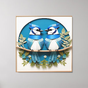 Toile Geais bleus perchés parmi les détails floraux