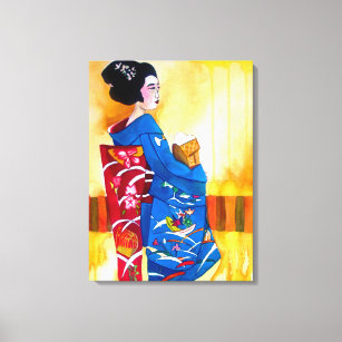 Toile Geisha japonais avec kimono bleu art original