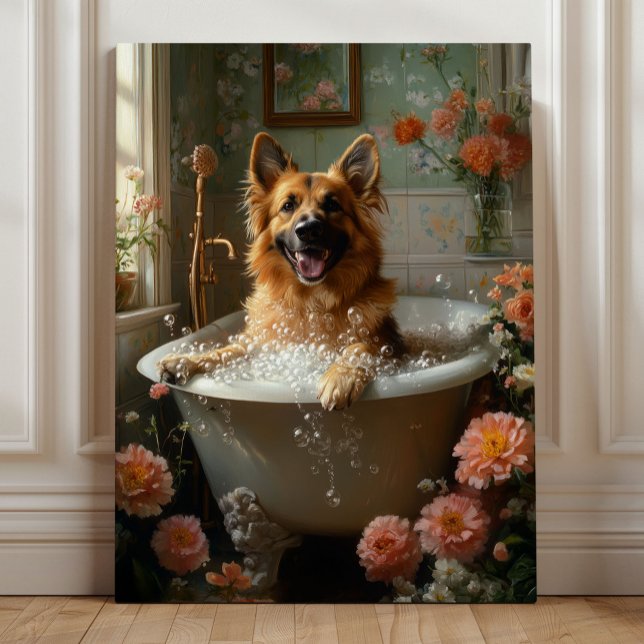 Toile German Shepherd Bath, Whimsical Dog Bathroom (German Shepherd Bubble Bath – Whimsical Dog Bathroom Art by Nicole Cossairt)