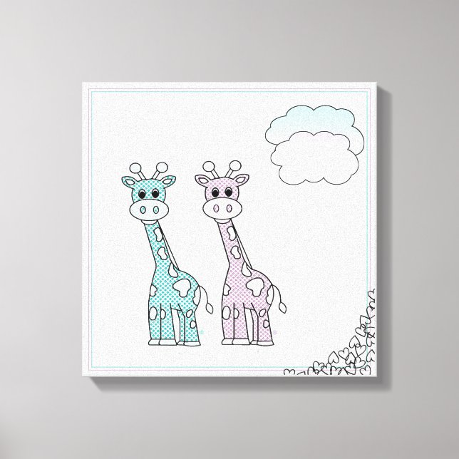 Toile Giraffes mignonnes aux Coeurs et aux Nuages (Recto)