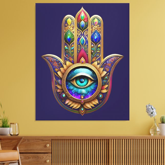 Toile Gold Peacock Colors Hamsa Green Sapphire Third Eye (Insitu(Salon))