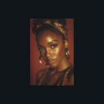 Toile Golden Hour Melanin Beauty Headwrap Portrait<br><div class="desc">Golden-hour light bathes rich brown skin in a warm, luminous glow, accentuating sharp cheekbones, glossy lips, and piercing eyes framed by natural lashes. A vibrant red-gold patterned headwrap crowns her head in elegant volume, while large hammered gold hoops add timeless shine against a solid burnt-orange backdrop. The intimate close-up radiates...</div>