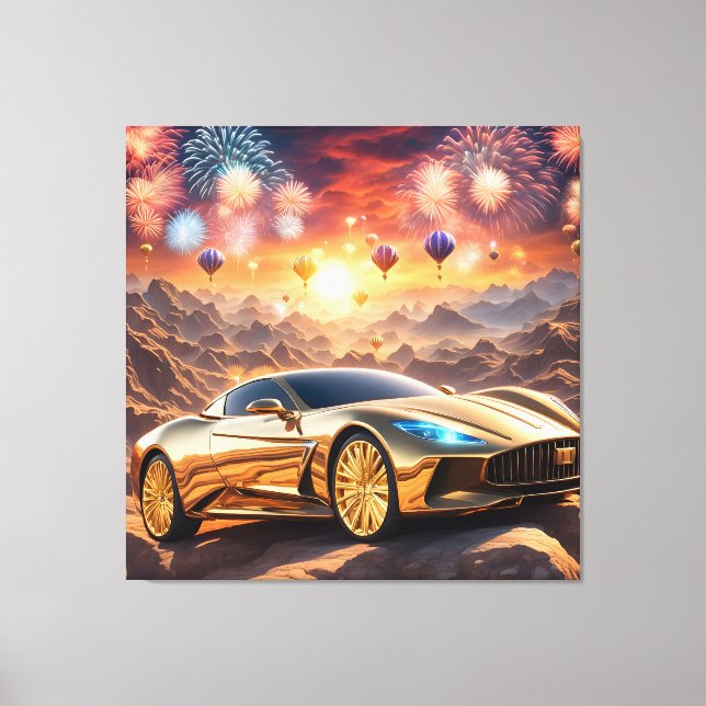 Toile golden luxury car in a desert landscape (Recto)