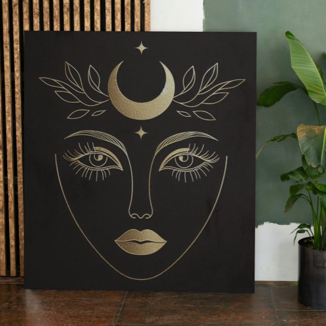 Toile Golden Moon Crown Abstract Feminine Portrait (Feminine moon power. Mystic wall art for your home. #MoonGoddess #BohoDecor)
