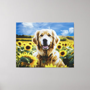 Toile Golden Retriever dans un champ de tournesol