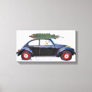 Toile Golden Retriever en voiture noire avec sapin de No