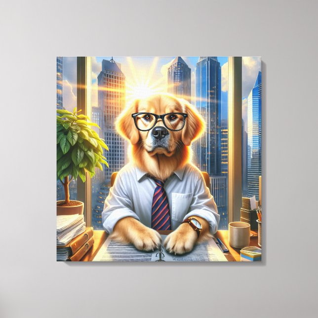 Toile Golden Retriever Homme d'affaires au bureau (Recto)