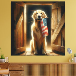 Toile Golden Retriever tenant Un Drapeau Américain
