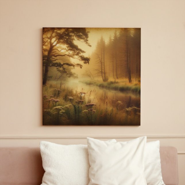 Toile Golden River Mist – Vintage Canvas Print (Misty forest dawn. Ethereal swamp landscape art. #Atmospheric #NatureLoversGift)