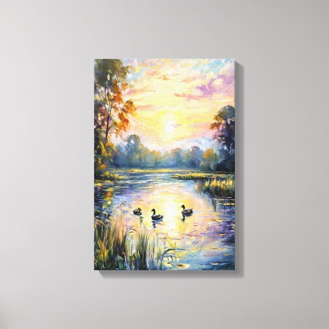 Toile Golden Tranquillité Sunset Pond Paysage avec canar (Recto)