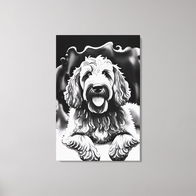 Toile Goldendoodle Art Black White Croquis "Happy Dog" (Recto)