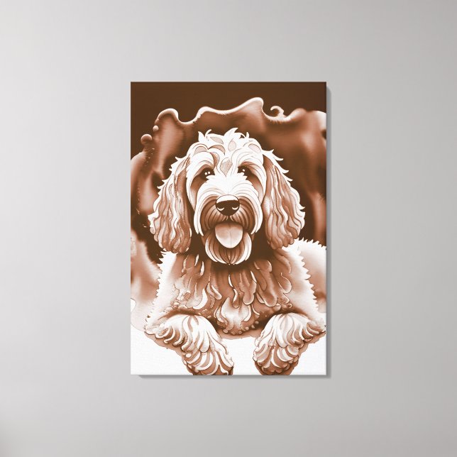 Toile Goldendoodle Art "Happy Dog" Couleurs neutres chau (Recto)