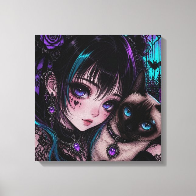 Toile Gothique Emo | Fille Anime & Chat (Recto)