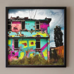 Toile Graffiti rose et Turquoise | Maison abandonnée<br><div class="desc">Graffiti coloré turquoise,  jaune et rose art urbain abandonné bâtiment. Cette image est générée par l'intelligence artificielle.</div>