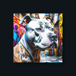 Toile Graffiti Street Art Brindle Pitbull Lover<br><div class="desc">Art numérique urbain coloré avec un Brindle Pitbull assis dans une rue de la ville entourée de graffiti.</div>