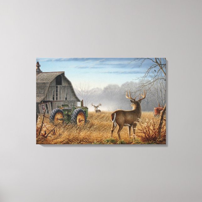Toile Grand Cerf Buck Confrontation à la Ferme (Recto)