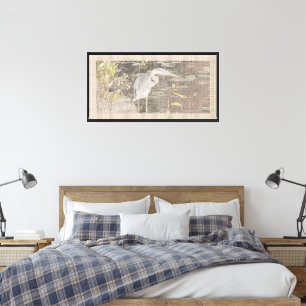 Toile Grand Héron bleu avec bordure de lin et de sauge