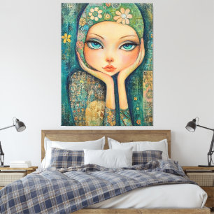 TOILE GRANDE FILLE YEUX BLANC TOILETTE IMPRIMER ART