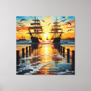 Toile Grands voiliers historiques naviguant au coucher d