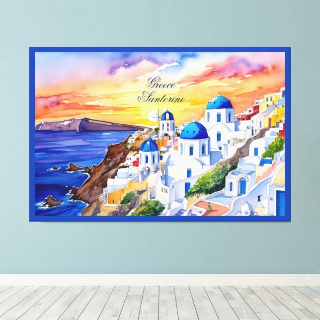 Toile Grèce Santorini Aquarelle Croquis mer Egée | (Insitu (Plancher de Bois))