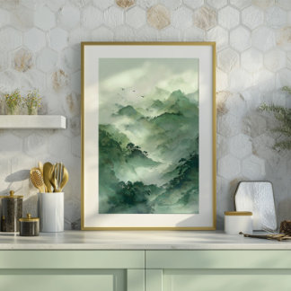 Toile Green Misty Mountain Landscape Art