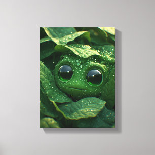 Toile Grenouille verte mignonne cachée dans des feuilles