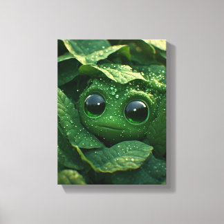 Toile Grenouille verte mignonne cachée dans des feuilles