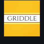 Toile GRIDDLE Bright Golden Yellow White Strips Texte<br><div class="desc">Ce design amusant et nostalgique présente du texte GRIDDLE à l'intérieur d'une large bande blanche centrale surlignée de rayures noires et de bandes jaunes claires flottantes contre un arrière - plan jaune doré et lumineux. Le texte peut être personnalisé.</div>