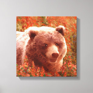 Toile Grizzly Bear Cub dans Fireweed Peinture Art de la
