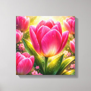 Toile Gros plan sur des tulipes roses avec rosée et lueu