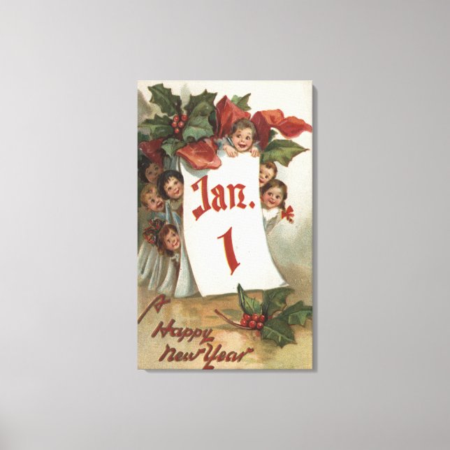 Toile Groupe d'enfants se cachant derrière le calendrier (Recto)