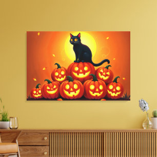 Toile Halloween chat noir mignon et lanternes Jack
