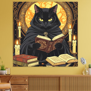Toile Halloween en couverture cartonnée Un chat lisant d