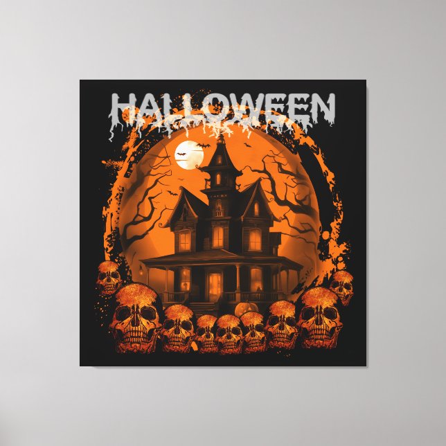 TOILE HALLOWEEN MAISON HANTÉE ÉPRAVANTABLE CRÂNES (Recto)