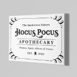 Toile Halloween noir et blanc Hocus Pocus Apothecary<br><div class="desc">Bienvenue à vos invités avec cette éffrayante peinture murale en toile d'Halloween. Le design stylisé de typographie comprend le libellé "Les soeurs Sanderson Hocus Pocus Apothecary - Potions,  Spells,  Elixers & Tonics". Le design noir et blanc est agrémenté de rouleaux,  d'une sculpture et d'os croisés,  et d'éléments d'étoiles.</div>