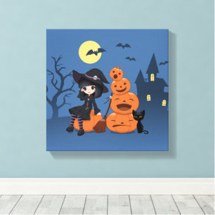 Toile Halloween Witch, Chat noir et Citrouille