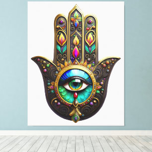 Toile Hamsa Brun Coloré Troisième Œil Arc-en-Ciel