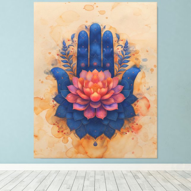 Toile Hamsa main avec Lotus Flower (Insitu (Plancher de Bois))
