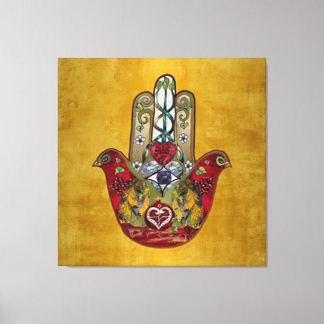 Toile Hamsa Rouge Oiseau Cœur Grenade Rubis (Recto)